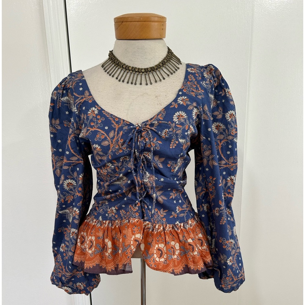 House of Harlow 1960 Blue and Orange Boho Floral Lace-up Blouse